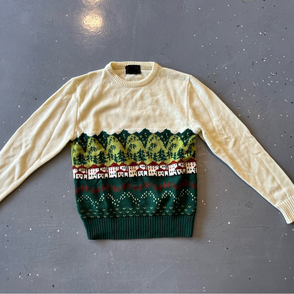 Cream and Green Sweater with Scenic Design